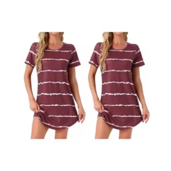 2 Packs Women's Round Neck Nightshirt Striped Short Sleeve Sleepshirt Nightgown -Fashion Clothing Store 7903753 Red Stripe