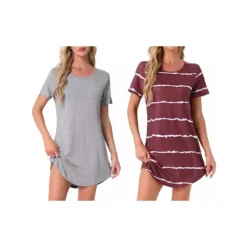 2 Packs Women's Round Neck Nightshirt Striped Short Sleeve Sleepshirt Nightgown -Fashion Clothing Store 7903753 Red Stripe Solid Grey