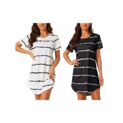 2 Packs Women's Round Neck Nightshirt Striped Short Sleeve Sleepshirt Nightgown -Fashion Clothing Store 7903753 White And Black Stripe