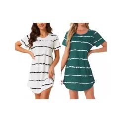2 Packs Women's Round Neck Nightshirt Striped Short Sleeve Sleepshirt Nightgown -Fashion Clothing Store 7903753 White And Green Stripe