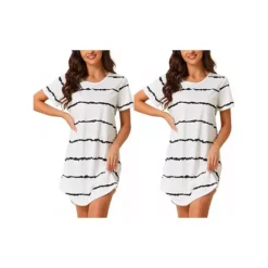 2 Packs Women's Round Neck Nightshirt Striped Short Sleeve Sleepshirt Nightgown -Fashion Clothing Store 7903753 White Stripe