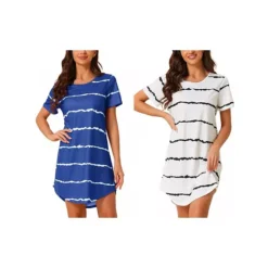 2 Packs Women's Round Neck Nightshirt Striped Short Sleeve Sleepshirt Nightgown -Fashion Clothing Store 7903753 Whitestripe Bluestripe