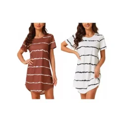 2 Packs Women's Round Neck Nightshirt Striped Short Sleeve Sleepshirt Nightgown -Fashion Clothing Store 7903753 Whitestripe Winestripe