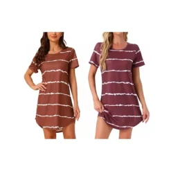 2 Packs Women's Round Neck Nightshirt Striped Short Sleeve Sleepshirt Nightgown -Fashion Clothing Store 7903753 Wine Stripe Red Stripe