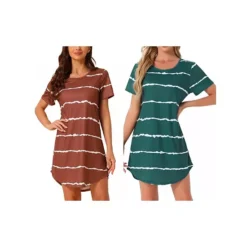 2 Packs Women's Round Neck Nightshirt Striped Short Sleeve Sleepshirt Nightgown -Fashion Clothing Store 7903753 Winestripe Greenstripe