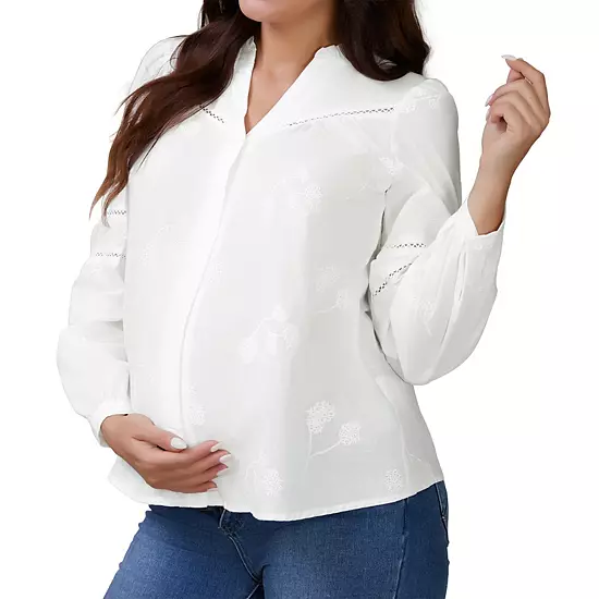 Women's Maternity Button Down Shirts Long Sleeve Jacquard Cotton Prenancy Semi Sheer Blouse Office 7 Women's Maternity Button Down Shirts Long Sleeve Jacquard Cotton Prenancy Semi Sheer Blouse Office - Image 7