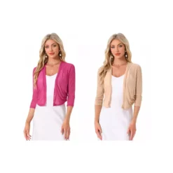2 Packs Mesh Shrug For Women's Elegant 3/4 Sleeve Open Front Sheer Bolero Cardigan -Fashion Clothing Store 7907245 Khaki Fuchsia