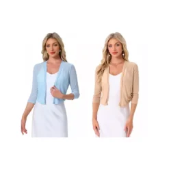 2 Packs Mesh Shrug For Women's Elegant 3/4 Sleeve Open Front Sheer Bolero Cardigan -Fashion Clothing Store 7907245 Khaki Light Blue