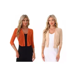 2 Packs Mesh Shrug For Women's Elegant 3/4 Sleeve Open Front Sheer Bolero Cardigan -Fashion Clothing Store 7907245 Khaki Orange