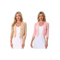 2 Packs Mesh Shrug For Women's Elegant 3/4 Sleeve Open Front Sheer Bolero Cardigan -Fashion Clothing Store 7907245 Khaki Pink
