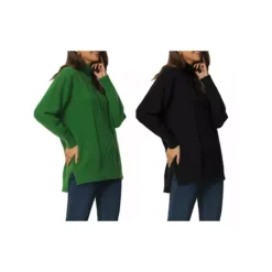 2 Packs Women's Turtleneck Long Sleeve Spilt Hem Tunic Pullover Sweater -Fashion Clothing Store 7907268 Black Green