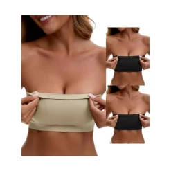 3 Packs Women's Strapless Seamless Push Up Wirefree Padded Bandeau Non-Slip Silicone Tube Bras -Fashion Clothing Store 7909367 Black Beige