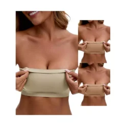 3 Packs Women's Strapless Seamless Push Up Wirefree Padded Bandeau Non-Slip Silicone Tube Bras -Fashion Clothing Store 7909367 Khaki Beige