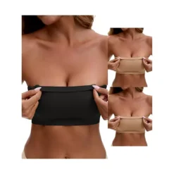3 Packs Women's Strapless Seamless Push Up Wirefree Padded Bandeau Non-Slip Silicone Tube Bras -Fashion Clothing Store 7909367 Khaki Black
