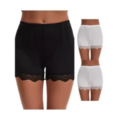 3 Packs Women's Lace Trim Ice Silk Mid-Waister Loose Slip Shorts Light And Breathable Boyshorts -Fashion Clothing Store 7909630 White Black