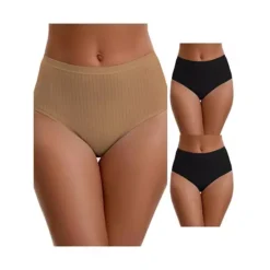 3 Packs Women's Cotton High Waist Briefs Tummy Control Breathable Underwears -Fashion Clothing Store 7909631 Black Beige