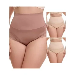 3 Packs Women's Lace Trimmed Briefs Underwear Tummy Control High Waisted Full Coverage Panties -Fashion Clothing Store 7911020 Beige Coffee