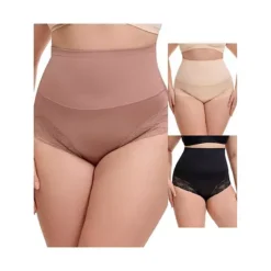 3 Packs Women's Lace Trimmed Briefs Underwear Tummy Control High Waisted Full Coverage Panties