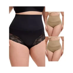 3 Packs Women's Lace Trimmed Briefs Underwear Tummy Control High Waisted Full Coverage Panties -Fashion Clothing Store 7911020 Light Brown Black