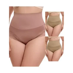 3 Packs Women's Lace Trimmed Briefs Underwear Tummy Control High Waisted Full Coverage Panties -Fashion Clothing Store 7911020 Light Brown Coffee
