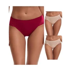 3 Packs Women's Lace Mid-Waisted Full Coverage Briefs HI-Cut Leak Proof Ladies Underpants -Fashion Clothing Store 7911281 Beige Wine Red
