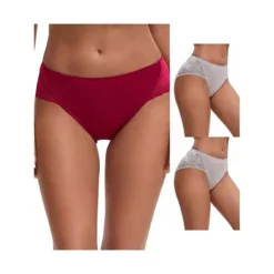3 Packs Women's Lace Mid-Waisted Full Coverage Briefs HI-Cut Leak Proof Ladies Underpants -Fashion Clothing Store 7911281 Gray Wine Red
