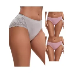 3 Packs Women's Lace Mid-Waisted Full Coverage Briefs HI-Cut Leak Proof Ladies Underpants -Fashion Clothing Store 7911281 Pink Gray