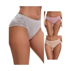 3 Packs Women's Lace Mid-Waisted Full Coverage Briefs HI-Cut Leak Proof Ladies Underpants -Fashion Clothing Store 7911281 Pink Gray Beige