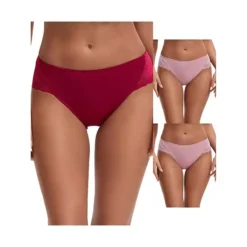 3 Packs Women's Lace Mid-Waisted Full Coverage Briefs HI-Cut Leak Proof Ladies Underpants -Fashion Clothing Store 7911281 Pink Wine Red