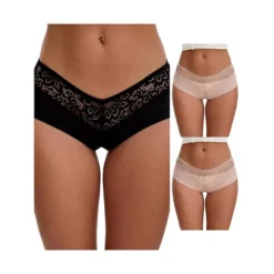 3 Packs Women's Lace Ice Silk Boyshorts Panties Hollow Out Mid Rise Comfort Briefs Underwears -Fashion Clothing Store 7911301 Beige Black