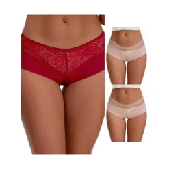 3 Packs Women's Lace Ice Silk Boyshorts Panties Hollow Out Mid Rise Comfort Briefs Underwears -Fashion Clothing Store 7911301 Beige Wine Red
