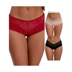 3 Packs Women's Lace Ice Silk Boyshorts Panties Hollow Out Mid Rise Comfort Briefs Underwears -Fashion Clothing Store 7911301 Black Beige Wine Red 1