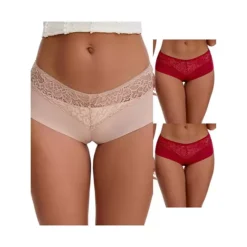 3 Packs Women's Lace Ice Silk Boyshorts Panties Hollow Out Mid Rise Comfort Briefs Underwears -Fashion Clothing Store 7911301 Wine Red Beige