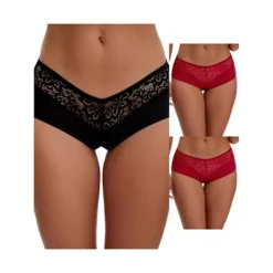 3 Packs Women's Lace Ice Silk Boyshorts Panties Hollow Out Mid Rise Comfort Briefs Underwears -Fashion Clothing Store 7911301 Wine Red Black
