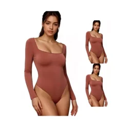 3 Packs Women's Long Sleeve Bodysuit Slim Fit Square Neck Tummy Control Brief Leotard -Fashion Clothing Store 7912567 Brown
