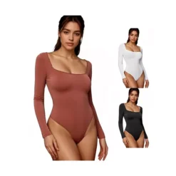 3 Packs Women's Long Sleeve Bodysuit Slim Fit Square Neck Tummy Control Brief Leotard -Fashion Clothing Store 7912567 White Black Brown 1