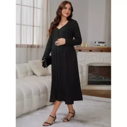 Women's Maternity Dress Button Pleated Knit Long Sleeve Photoshoot Baby Shower Pregnancy Maxi Dress -Fashion Clothing Store 7912590 ALT2