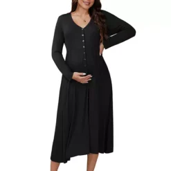 Women's Maternity Dress Button Pleated Knit Long Sleeve Photoshoot Baby Shower Pregnancy Maxi Dress -Fashion Clothing Store 7912590 Black