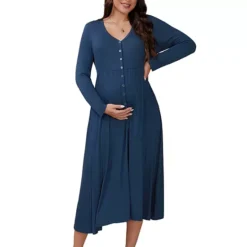 Women's Maternity Dress Button Pleated Knit Long Sleeve Photoshoot Baby Shower Pregnancy Maxi Dress -Fashion Clothing Store 7912590 Blue