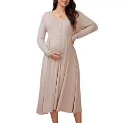 Women's Maternity Dress Button Pleated Knit Long Sleeve Photoshoot Baby Shower Pregnancy Maxi Dress
