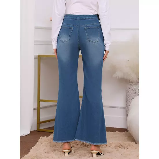 Women's Maternity Denim Bootcut Flared Jeans Stretchy Mid Rise Elastic Bell Frayed Hem Pants 2 Women's Maternity Denim Bootcut Flared Jeans Stretchy Mid Rise Elastic Bell Frayed Hem Pants - Image 2