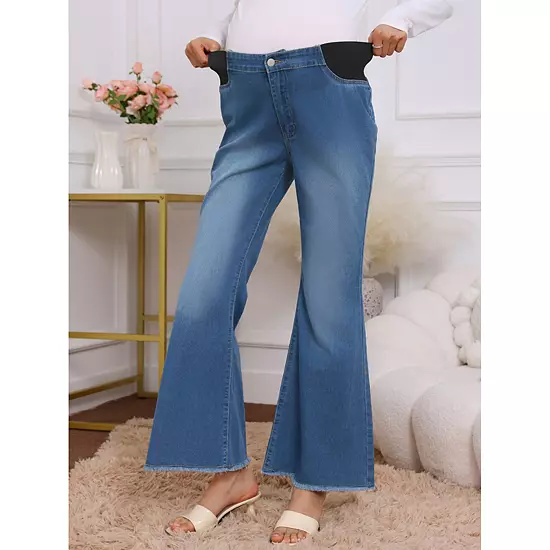 Women's Maternity Denim Bootcut Flared Jeans Stretchy Mid Rise Elastic Bell Frayed Hem Pants 3 Women's Maternity Denim Bootcut Flared Jeans Stretchy Mid Rise Elastic Bell Frayed Hem Pants - Image 3
