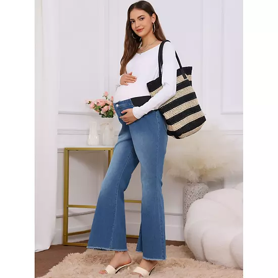 Women's Maternity Denim Bootcut Flared Jeans Stretchy Mid Rise Elastic Bell Frayed Hem Pants 4 Women's Maternity Denim Bootcut Flared Jeans Stretchy Mid Rise Elastic Bell Frayed Hem Pants - Image 4