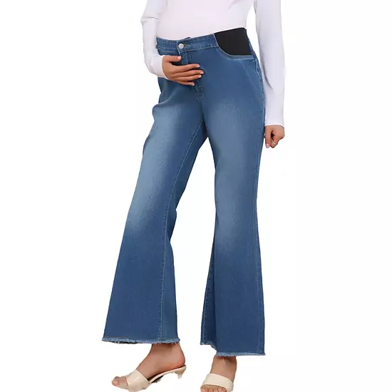 Women's Maternity Denim Bootcut Flared Jeans Stretchy Mid Rise Elastic Bell Frayed Hem Pants 7 Women's Maternity Denim Bootcut Flared Jeans Stretchy Mid Rise Elastic Bell Frayed Hem Pants - Image 7