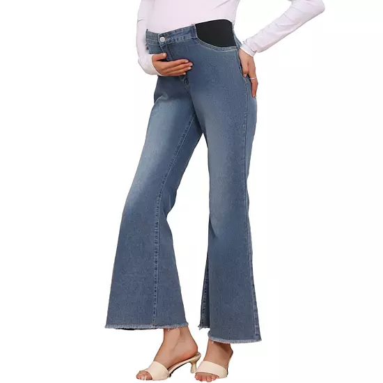 Women's Maternity Denim Bootcut Flared Jeans Stretchy Mid Rise Elastic Bell Frayed Hem Pants 1 Women's Maternity Denim Bootcut Flared Jeans Stretchy Mid Rise Elastic Bell Frayed Hem Pants