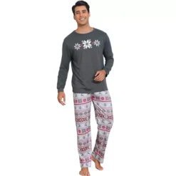 Men's Christmas Matching Snow Print Long Sleeve Top Cute Print Pants Family Pajama Sets