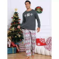 Men's Christmas Matching Snow Print Long Sleeve Top Cute Print Pants Family Pajama Sets -Fashion Clothing Store 7936633 ALT2