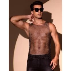 INSPIRE CHIC Men's Shiny Mesh Rave Sheer Sleeveless Metallic Sparkly Tank Top