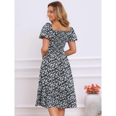 INSPIRE CHIC Women's Floral Sweetheart Neck Puff Short Sleeve A-Line Midi Dress 3 INSPIRE CHIC Women's Floral Sweetheart Neck Puff Short Sleeve A-Line Midi Dress - Image 3
