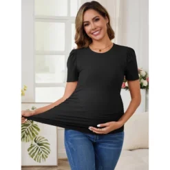 INSPIRE CHIC Women's Maternity Blouse Side Ruched Ribbed Knit Puff Short Sleeve Tunic Top Pregnancy Clothes Baby Office Work -Fashion Clothing Store GUEST 054b81ce 0d2c 4dfa a4fc 2f631e5b541d